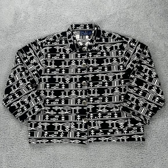 Jane Ashley Womens Jacket Coat Black Aztec Southwest Pocket 100% Cotton Size XL - Picture 1 of 9